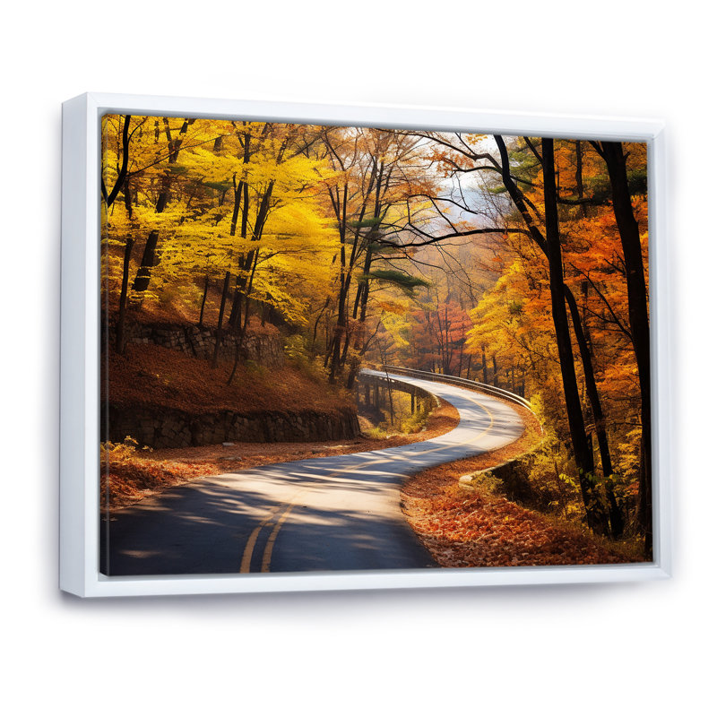 Route dorée d'automne II - art mural, Cadre flottant blanc, H 30 po x l 40 po x P 1,5 po