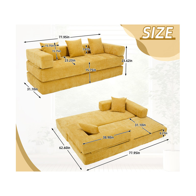 Canapé-lit convertible, canapé de plancher pliable sans assemblage, Jaune