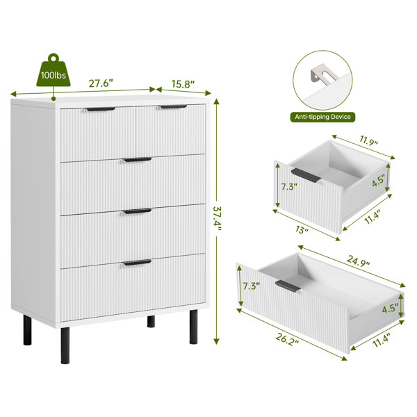Mercer41 White Wave 5 Drawer Dresser for Bedroom, Modern Wood Chest ...