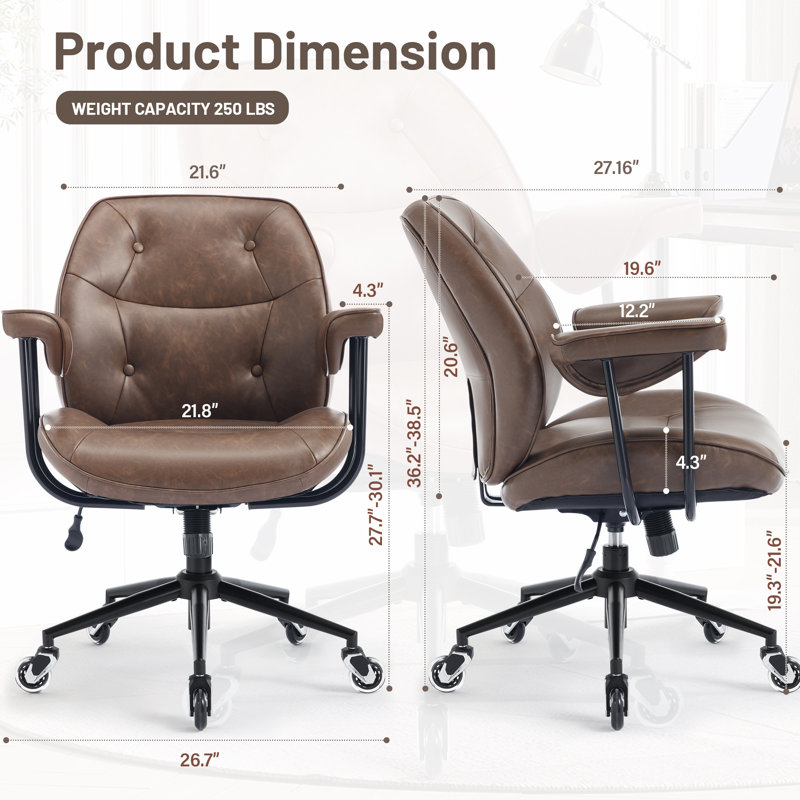 Retro Faux Leather Mid-Back Office Chair with Wheels, Wide Padded Seat, Lumbar Support and 90°–120° Rocking, Dark Brown