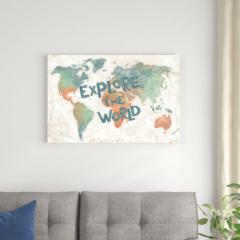 "Explore the World I" par Véronique Charron - Art textuel sur toile tendue, H 24 po x l 36 po x P 1,25 po