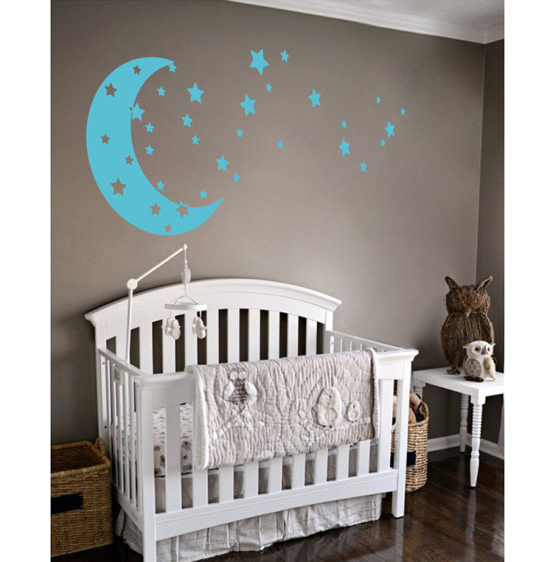 Adhésif décoratif lune et étoiles, H 22 po x l 49 po x P 0,01 po, Bleu geyser