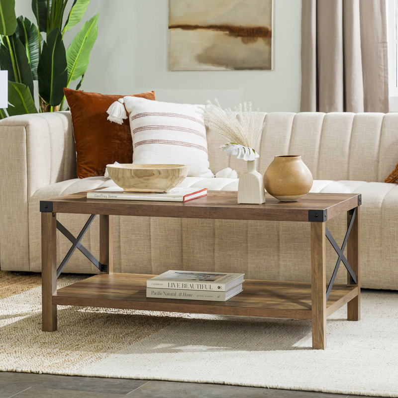 Larenda Coffee Table with Open Storage Shelf, Rustic Oak