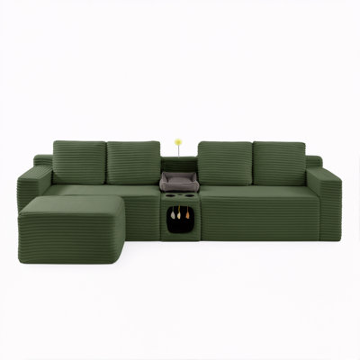 Canapé d'angle de 3 m pour salon, canapé moderne infonuagique sans structure avec pouf, port USB et porte-gobelets, canapé d'angle modulaire en velours côtelé confortable en forme de U pour appartement