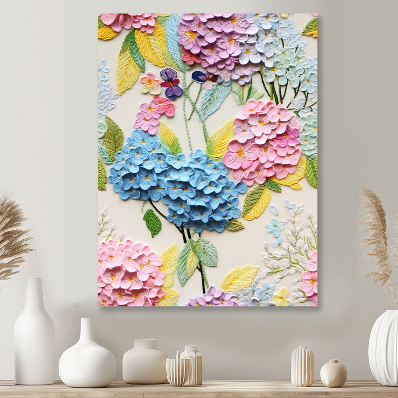 Fleurs d'hortensia bleu pastel vibrant - rose, Sans cadre, métal, H 20 po x l 12 po