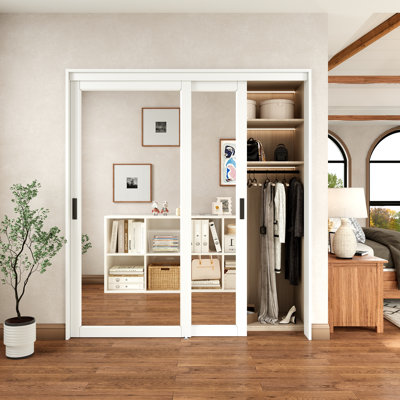 72" x 96"H Primed Mirrored Closet Sliding Doors With Hardware Kit & Handles