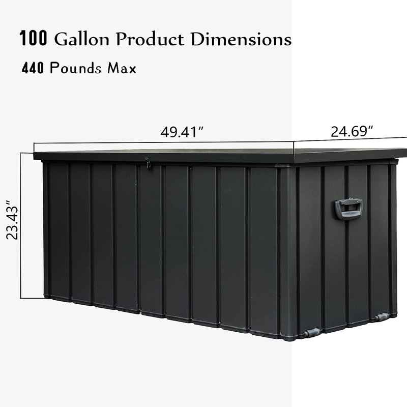 Boîte de rangement d'extérieur gris foncé 100 gallons - Bac de patio imperméable et verrouillable pour coussins, oreillers, outils de jardin avec structure solide gallon, caractéristique du matériau