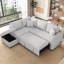 Lit escamotable en L en gris, avec rangement mobile, ports et prises de courant pour un canapé-lit de bureau gris bien rangé, rangement équipé, ports, coussin-121077445