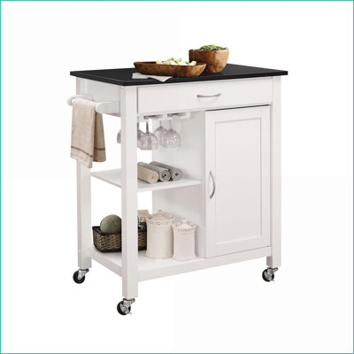Chariot de cuisine avec rangement Roulettes | Plateau en bois noir 30 po x 18 po | Finition blanche | Noir, blanc