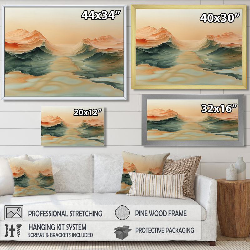 «Green Beige Magical Sunset Dunes I - Desert», reproduction d'art murale, H 24 po x l 32 po x P 1 po, Toile tendue