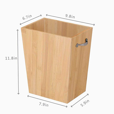 Trash Can 11.8" H, 2 Gallon Open Top Waste Basket with Metal Handle, Square Wooden Garbage Bin for Bathroom, Bedroom, Office, Kitchen