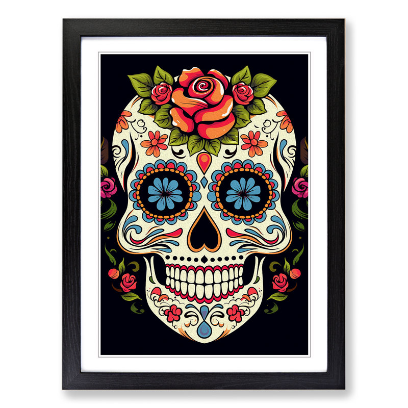 Sugar Skull Line No.4 - Single Picture Frame Print on Wood, 64cm H x 46cm W x 2cm D, Black