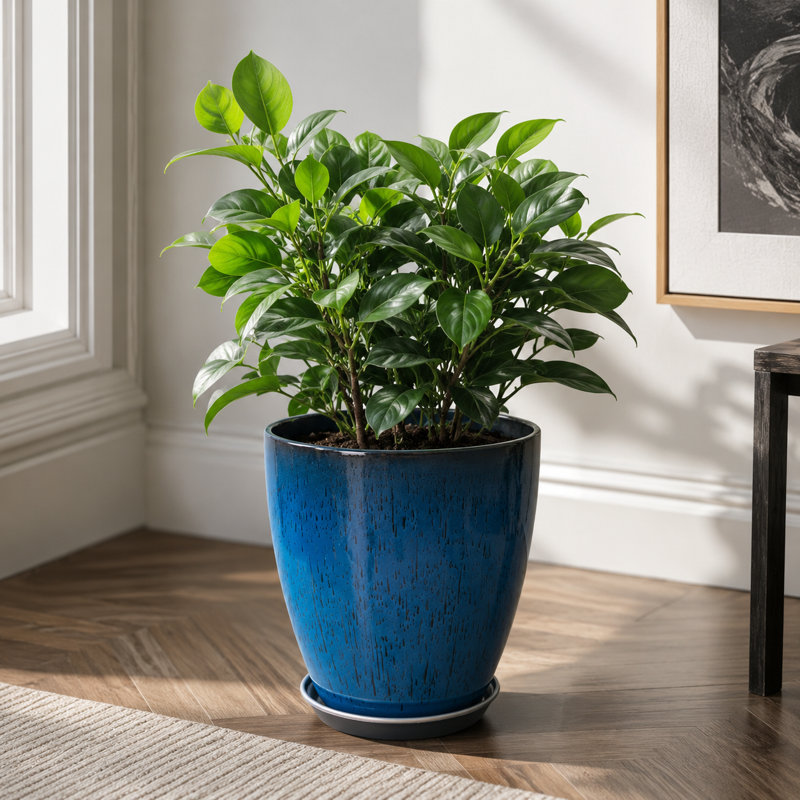 Pot à fleurs rond moderne en résine tacheté avec soucoupe et écran de drainage, H 11,02 po x l 9,84 po x P 9,84 po, Bleu, 1