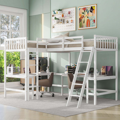 Wood Twin Size L Shaped Loft Bed With Safety Ladder And Dual Integrated L Shaped Work Desks, White