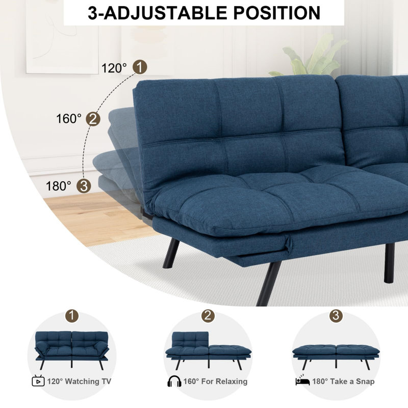 Convertible Futon Sofa, 71'' Compact Loveseat, Small-Space Hero, All-Scene Comfort Pal, Blue Faux Leather