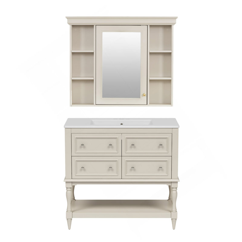 Meuble-lavabo de 36 po avec armoire à pharmacie, armoire à miroir moderne avec tablette réglable, armoire de rangement pour salle de bain à 4 tiroirs, armoire de rangement à cadre en bois