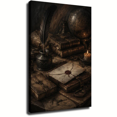 Tableau sur toile représentant un globe terrestre ancien et une lettre scellée, style gothique Dark Academia, idéal pour la décoration murale.