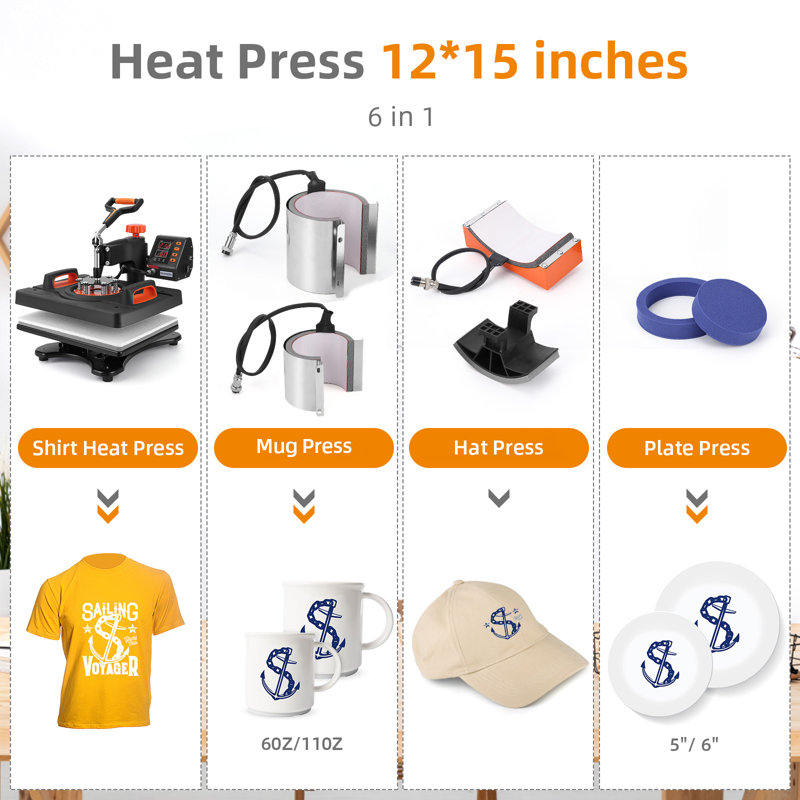 6-in-1 Heat Press Machine 12x15 Inch, 360° Swing-Away Sublimation Press with Digital Controls, 3 Preset Modes & 0-410°F for T-Shirts, Hats, Mugs, Plates – USA