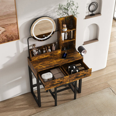 Coiffeuse de maquillage American Design avec lumières à DEL, 2 tiroirs, rangement ouvert et support pour sèche-cheveux, brun, luminosité réglable facile à monter, tablettes de rangement, prises de courant, matériel