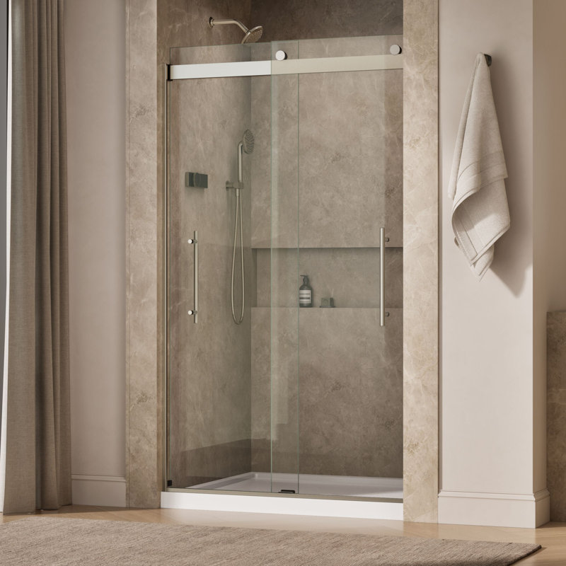 Levity Plus Less Sliding Shower Door, 81-5/8 In. H X 44-5/8 - 47-5/8 In. W, With 3/8 In.-Thick Crystal Clear Glass, Nickel