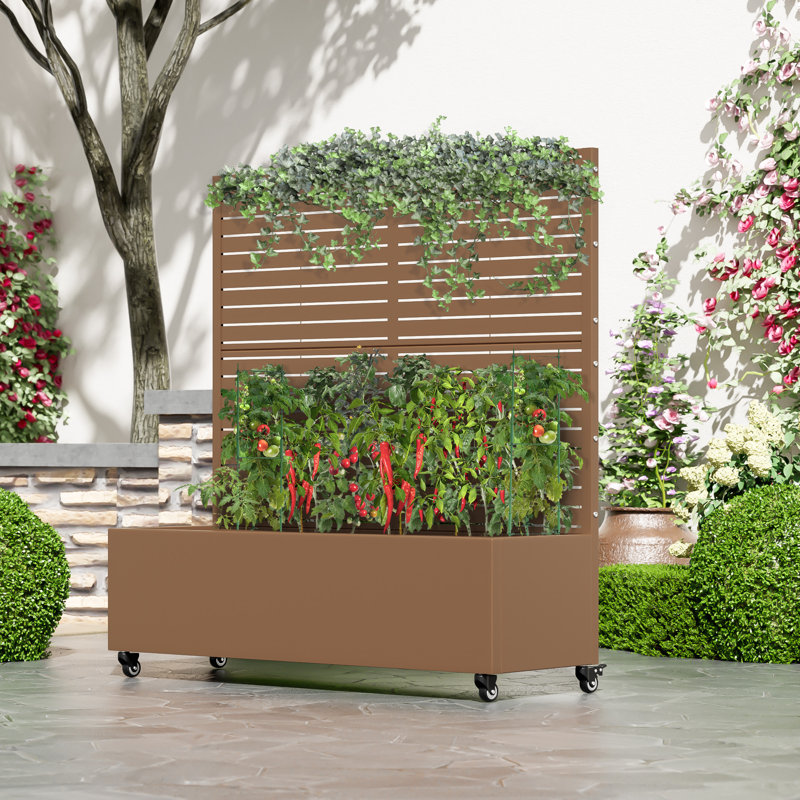 Lit de jardin en métal avec treillis et roues, H 47 po x l 47 po x P 16 po, Brun