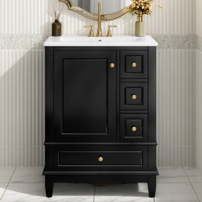 Meuble-lavabo sur pied 24 po avec lavabo et 3 tiroirs, meuble-lavabo autoportant avec comptoir en céramique et tablettes de rangement, meuble-lavabo moderne pour petite salle de bain