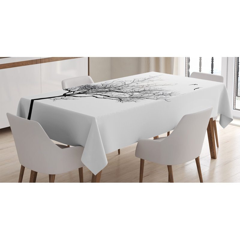Ambesonne Black And White Tablecloth, Silhouette Of A Tree And Flying Birds Simple Minimalistic Design Artwork, Rectangular Table Cover For Dining Room Kitchen Decor, 52" X 70", Black White