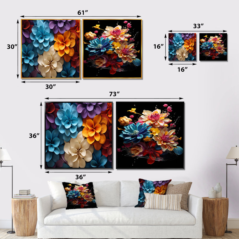 Natures mortes abstraites colorées - ensemble de 2 collages carrés abstraits, H 30 po x l 61 po, Toile tendue