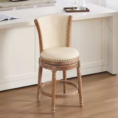 Tabouret de bar, l 23,6 po x H 23,6 po, cuir véritable, 1 pièce, beige
