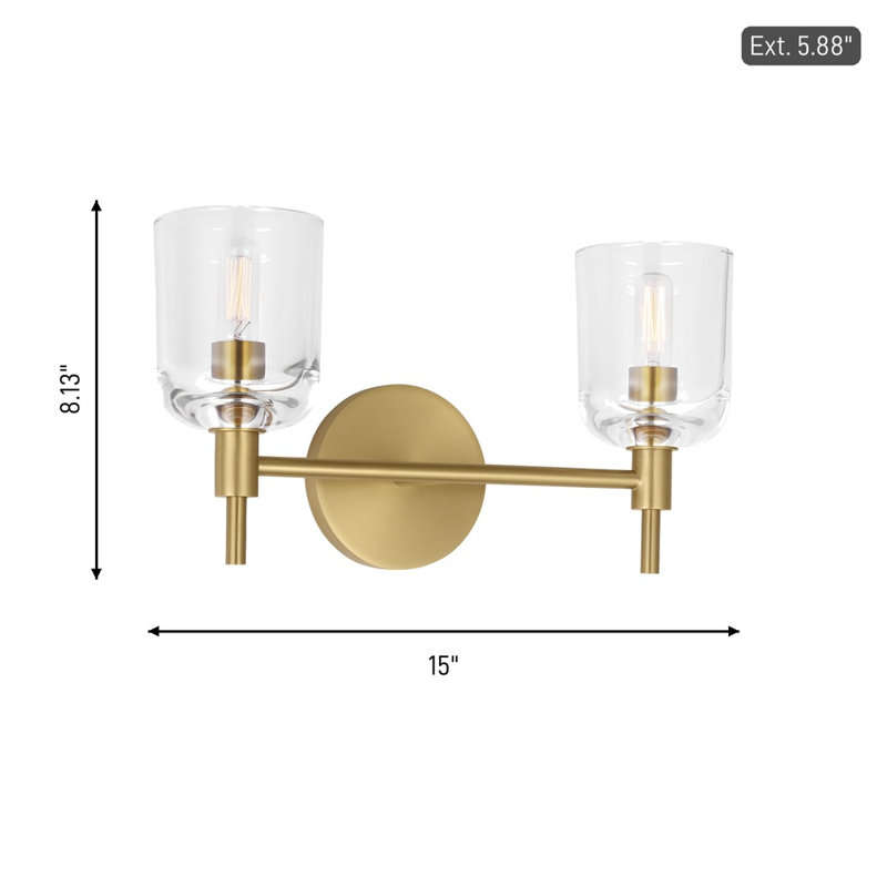 Thom Filicia Hartley Bathroom Bedroom Wall Fixture With Clear Shade, 8.125" H x 15" W x 5.875" D, Burnished Brass, 2 Lights