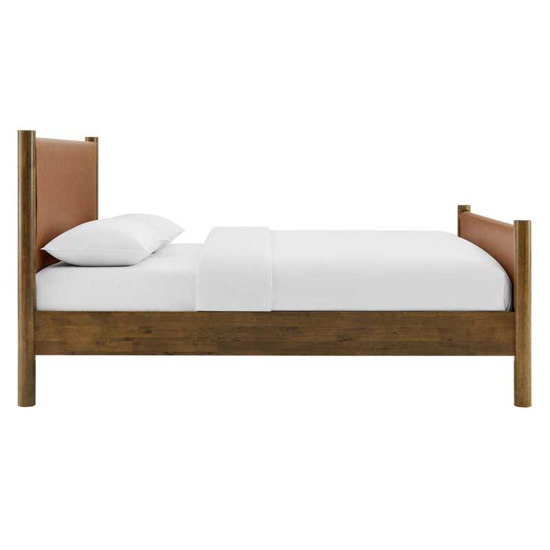 Maven Vegan Leather Upholstered Platform Bed, Solid + Manufactured Wood, Tan Walnut, Queen