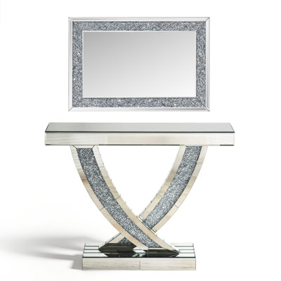 Vikenti 39.4" V-shaped Crushed Diamond Mirrored Console Table And Matching Crystal Inlay Wall Mirror 2-piece Set