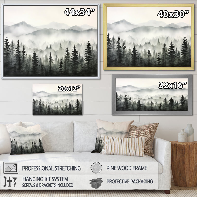 «Gray Misty Morning Forest Horizon I», art mural grand forêt, H 12 po x l 20 po x P 1 po, Cadre flottant noir