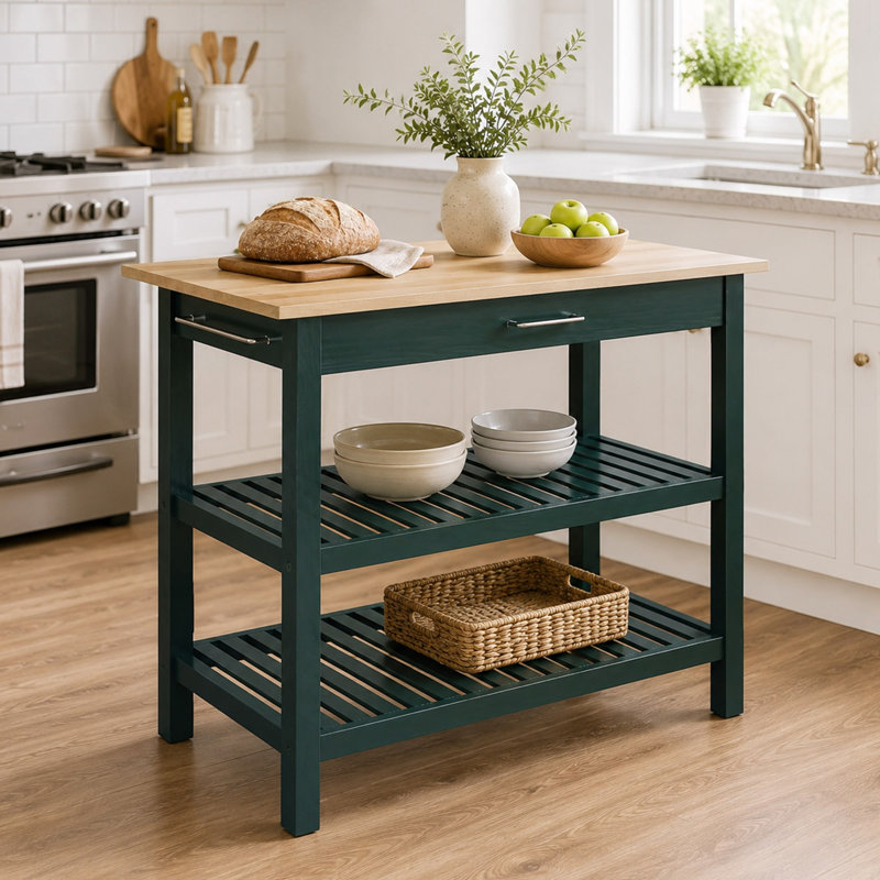 Îlot de cuisine 40 po, plateau en bois massif, Vert