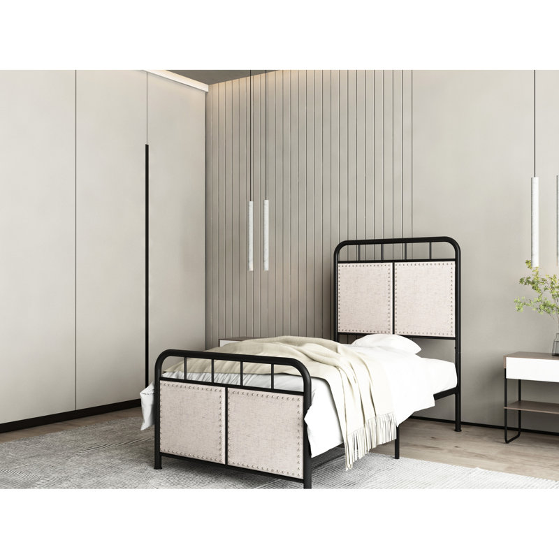 Structure de lit simple en métal avec tête de lit tapissier en lin et structure de chambre à coucher moderne, structure, nuits silencieuses, assemblage facile, convient à tous les types de matelas, beige, poids maximal de 250 lb, revêtement de la plateforme