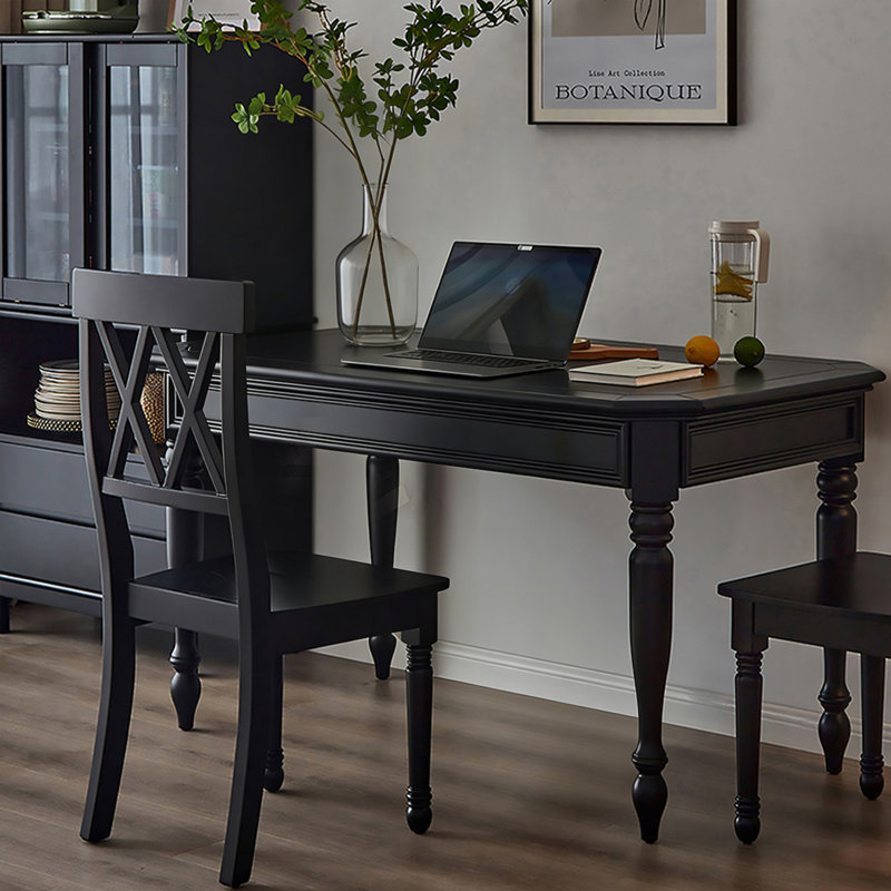 Retro Black Rectangular Solid Wood Dining Table, 29.92"H x 59.06"L x 35.43"W