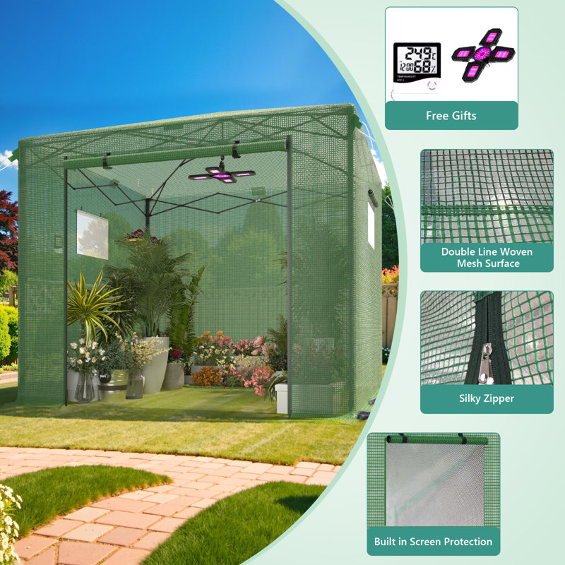 8' W x 12' D Pop Up Walk-In Greenhouse for Outdoors, Portable Greenhouses with Roll-Up Door & Free Hygrometer/Grow Light, Easy Set Up