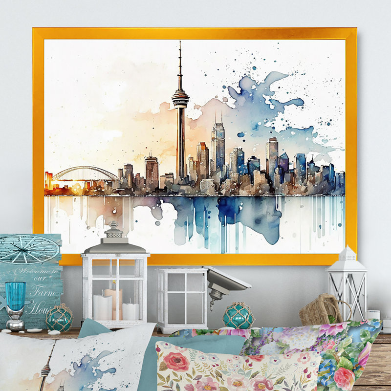 Toronto Skyline I - art mural Toronto, Impression dorée sur toile encadrée, H 24 po x l 32 po x P 1 po