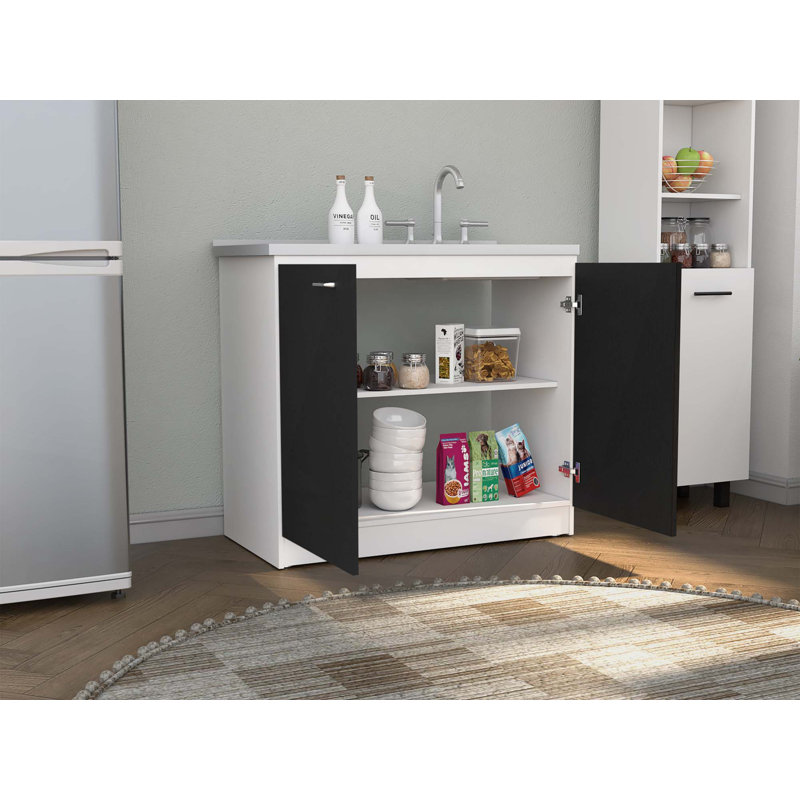 Évier utilitaire avec armoire, double porte et une tablette Napoles, Blanc/Noir
