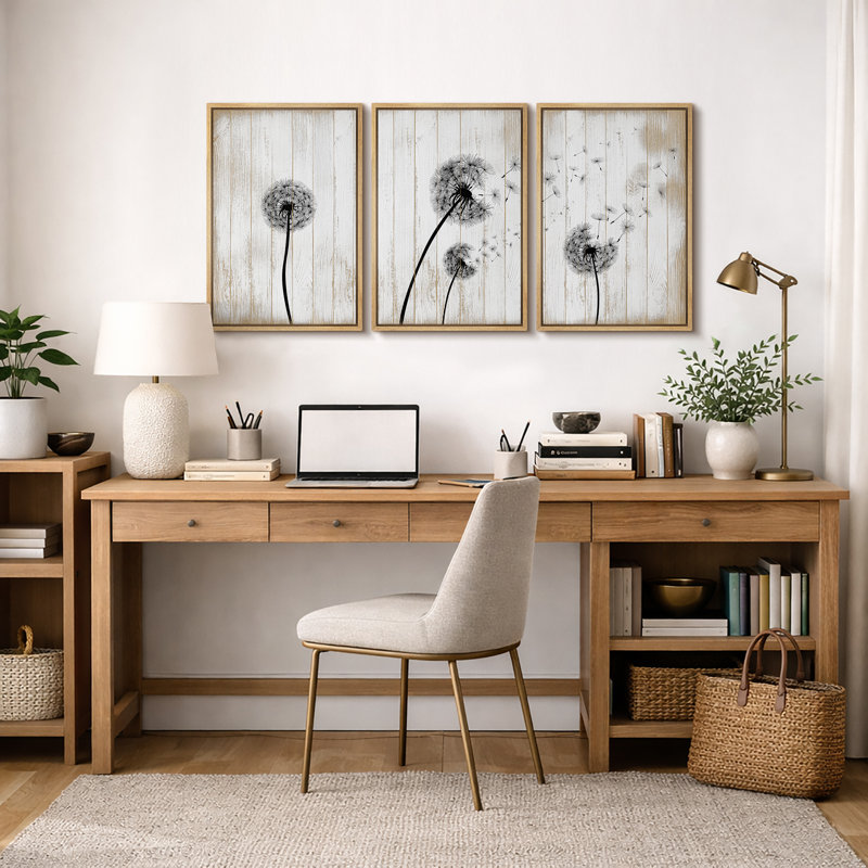 Blowing Dandelion On Wood Effect Background Artwork, Modern Rustic Farmhouse Wall Pictures, Framed Canvas Giclée Print 3 Pieces Wall Art" 16"x24"x3 pcs, 24"x36"x3 pcs