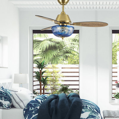 42"W Cecily LED Indoor Blue Swirl Hand-Cut Glass Gold Ceiling Fan With Remote Control