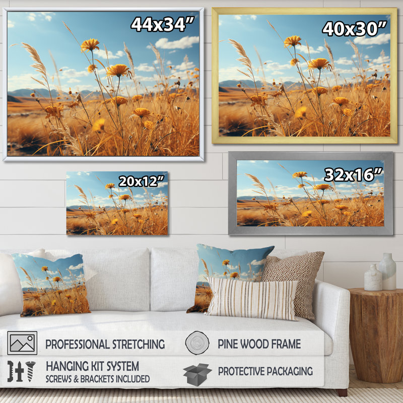 Coucher de soleil, fleurs d'été, prés, Cadre simple blanc, H 34 po x l 44 po x P 1,5 po