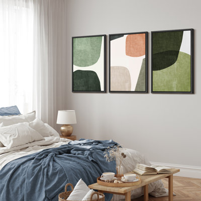 Mid-Century en forme de Tripyth vert, ovales multicolores abstraits, Mid-Century moderne, impression sur toile encadrée, 3 pièces, décoration murale