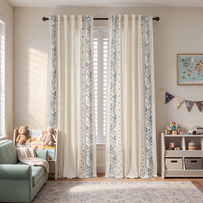 Linen Blended Semi Sheer Embroidered Floral Curtains, Blue, 50" W x 108" L