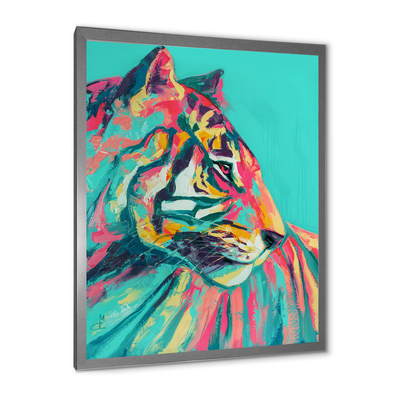 Pop Art turquoise et tigre rose - décoration murale moderne en toile, Toile avec cadre photo argenté