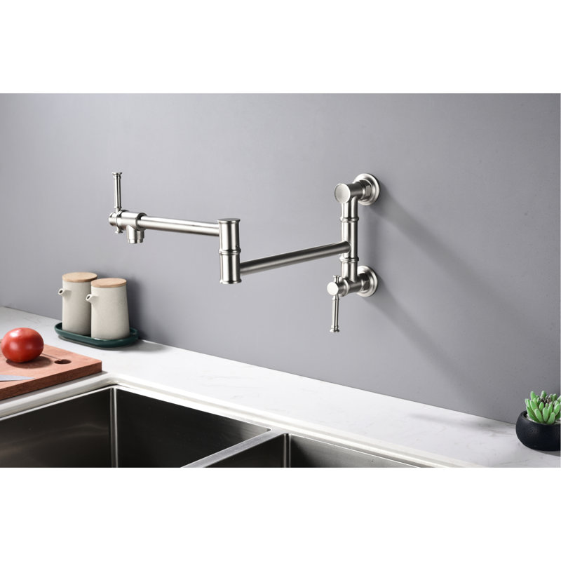 Wall Mount Pot Filler Faucet - Brass, Modern Design, Two-Attachment, Folding Swing Arm, Brushed Nickel, Drip-, Peaceful Water Supply Fashion, Two-Attachment Folding, Drip- Operation, Quiet