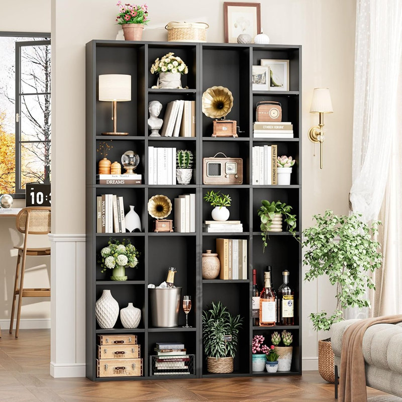 Grande bibliothèque à double largeur - support pour tour média, vitrine à CD / DVD avec tablettes réglables, bibliothèque noire étroite pour la maison ou le bureau