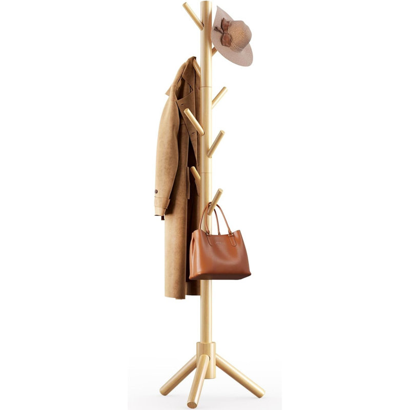 Julbe Solid Wood Freestanding 8 - Hook Coat Rack, Yellow
