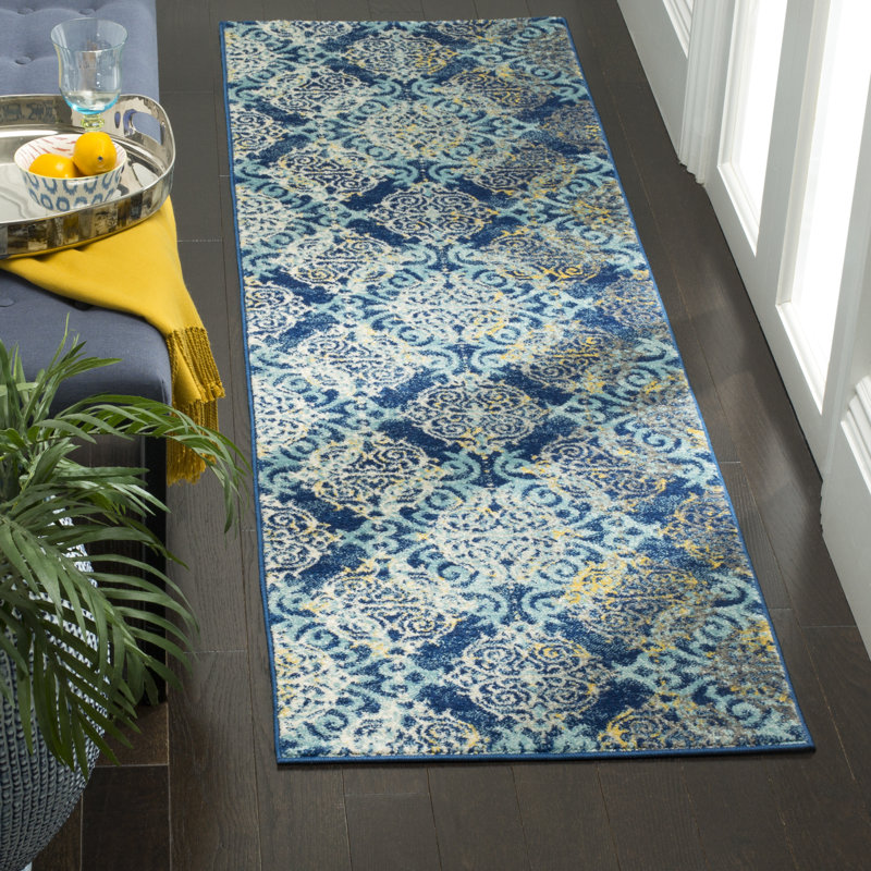 Tapis oriental royal / bleu clair Franke, Tapis de couloir 2 pi 2 po x 7 pi