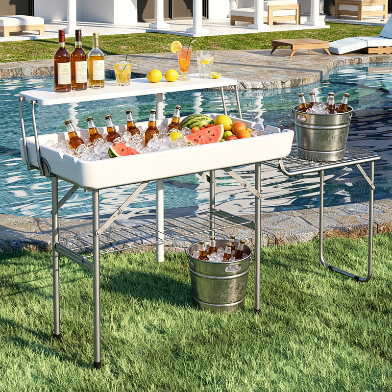 Très grande table glacière à 2 niveaux avec tablette en filet extensible, structure en acier robuste blanc, parfaite pour les fêtes dans la cour et la plage
